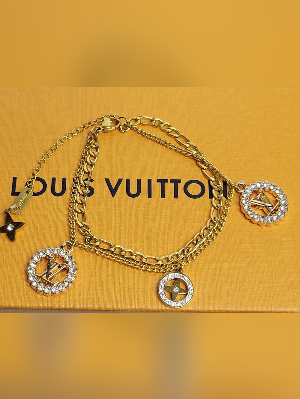Double Chain 18kgp Bracelet, LV Crystal Zip Pull Multi Charms, Adjustable